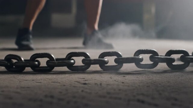 Heavy Chain Drag. Fitness Resolutions - High-Intensity Training & Athletic Ambition. Heavy links of a metal chain being dragged across a rough industrial floor creating sparks/dust .
