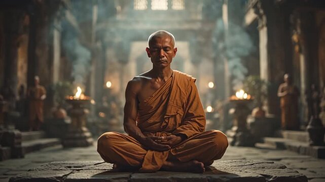Monk Meditating in Ancient Temple - A Journey of Inner Peace.