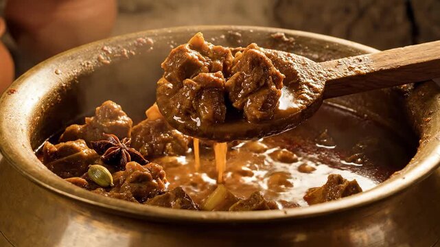 A wooden kitchen paddle gently stirs the chunky, dark-colored mutton curry in a wide, heavy bronze vessel, showcasing the dense, rustic texture movement, texture detail, appetizing