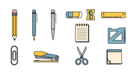 Stationery items neatly arranged on a white background, showcasing various office supplies from a top-down viewpoint.