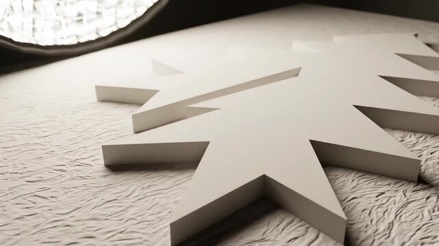 Abstract 3D rendered geometric pattern of sharp triangular pine shapes rotating slowly and casting soft shadows onto a textured off-white cream plane volumetric, technology, corporate