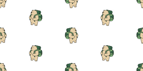 Bear polar seamless pattern backpacker camping traveller hiking vector cartoon character mascot coffee teddy doodle tile background repeat gift wrapping paper illustration scarf wallpaper isolated