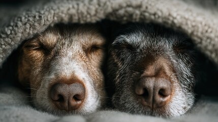 Close-Up Affectionate Sleepy Pair of Dogs Cuddling Under a Warm Blanket