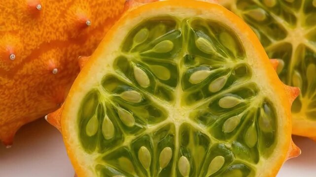 A visually striking close-up of an exotic fruit, freshly cut in half, showcasing its vibrant interior. The exterior skin is a bold, textured orange with distinctive spiky protuberances, offering a uni