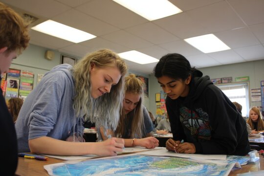 High school students collaborate on an interactive geography project in a spirited classroom environment during a sunny afternoon