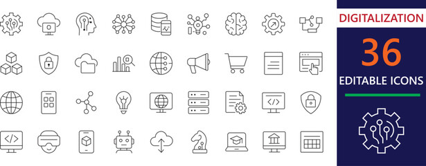 Professional stroke icons of digital transformation, paperless office, cloud computing, artificial intelligence and smart technology for business.