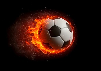 Soccer ball engulfed in bright orange flames and sparks on a black background football fire