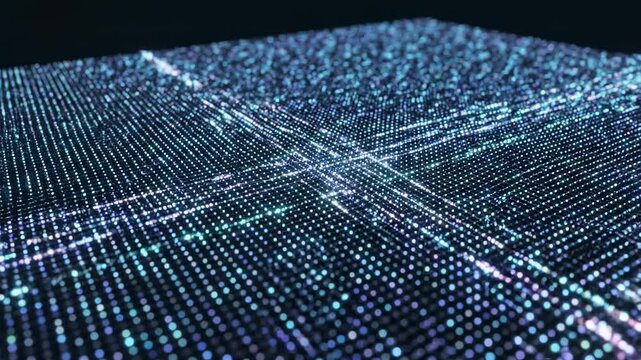 Abstract aerial view looking down on hundreds of miniature glowing light sources arranged in a dynamic digital grid pattern seamlessly fading into darkness data, motion, modern design