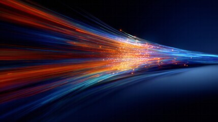 Glowing orange and blue light trails stream forward on dark background.