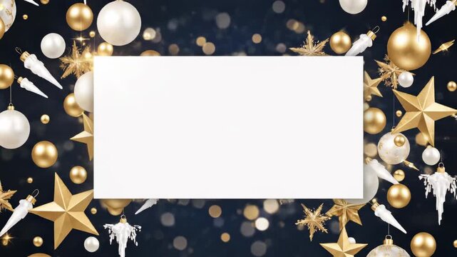 Abstract animation loop showing elegant white and gold Christmas ornaments expanding around a central rectangle providing ample copy space showing, mockup, graphic