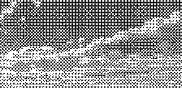 Bitmap vintage pixel art texture. Black and white cloud pattern in retro game style.