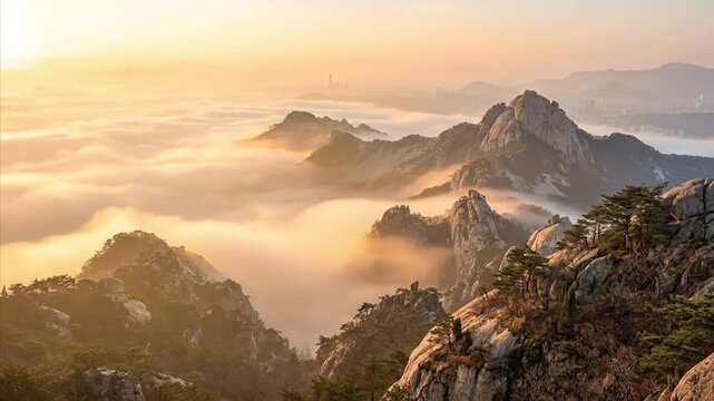 An awe-inspiring aerial perspective captures a majestic mountain range bathed in the warm, golden light of either dawn or dusk. Rugged, rocky peaks pierce through an expansive blanket of ethereal clou
