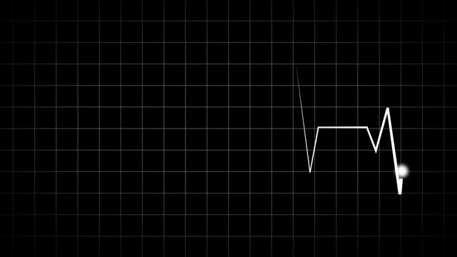 White ECG heartbeat waveform with glowing endpoint on dark grid background, modern medical pulse visualization for monitoring systems, healthcare graphics, dashboards, and motion visuals in 4K.