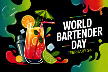 Vibrant modern illustration celebrating World Bartender Day with colorful tropical cocktail glass citrus slices ice cubes splashing liquid festive bar party creative drink poster design