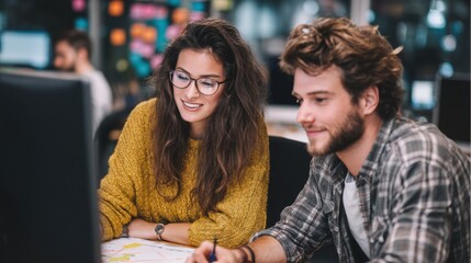 Two young adults are focused on a computer screen in a bright office. They are sharing ideas while looking at a map and taking notes. Other people work in the background.
