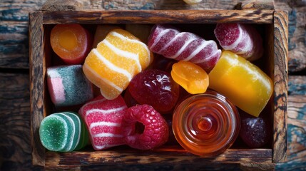 A wooden box filled with various candies sits on a table. The candies include gummy shapes fruit flavors and chewy treats. They are ready to be enjoyed.