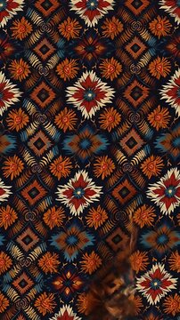Intricate ethnic textile pattern with diamond and floral motifs with warm color palette