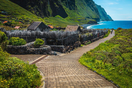 Small village and high green slopes, Achadas da Cruz, Madeira