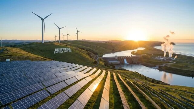 An expansive aerial perspective captures a breathtaking landscape at sunset, showcasing a dynamic interplay of modern energy infrastructure and natural beauty. Rows of photovoltaic solar panels stretc