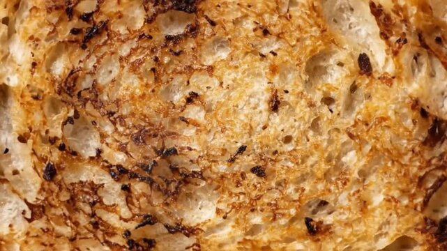 An extreme close-up shot reveals the intricate, golden-brown texture of a perfectly toasted baked good. The surface is a feast for the eyes, showcasing a complex pattern of airy pores and crispy, slig