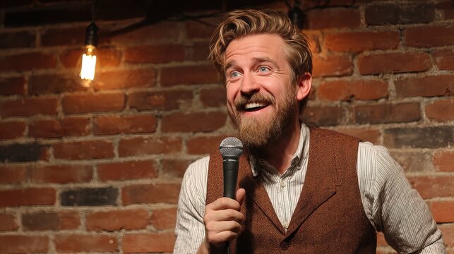 Portrait of Cheerful Comedian with Microphone on Stage Performing Entertainment