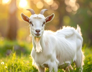 Close-up shot of a white goat with curved horns and a beard, gazing directly at the viewer in a sunlit meadow