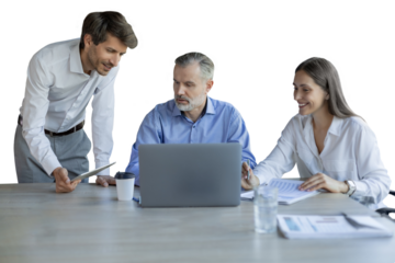 Group of happy progressive business people working on startup together on a transparent background