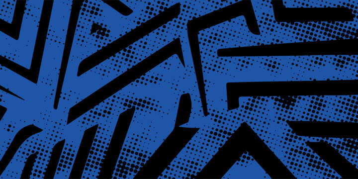 sports background, banner design in blue and black with pointed shapes and empty space. brush stroke pattern, modern design