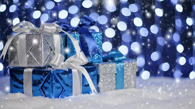 Abstract background of soft glowing blue and silver bokeh lights pulsating gently behind a stack of festive holiday gift boxes resting on diffused snow conceptual, retail, copy space