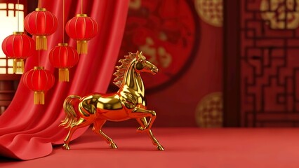 Golden horse figurine on red background with Chinese lanterns and decorations for lunar new year celebrations