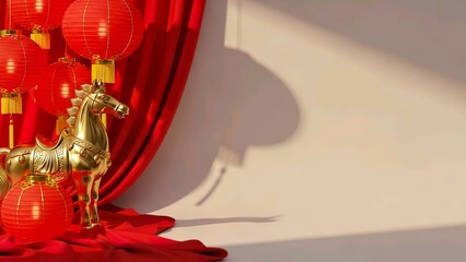 A gold horse figurine stands in front of red lanterns and a draped red fabric with a white background for Chinese Lunar New Years celebration, specifically the year of the horse.