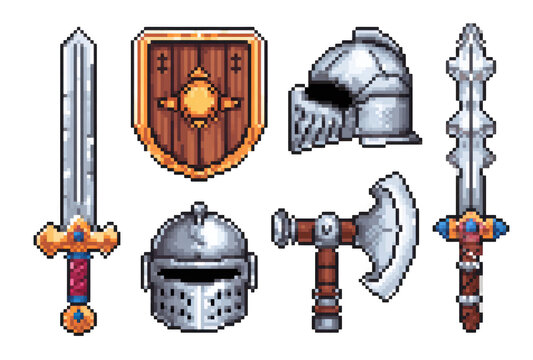 pixel art icons of medieval equipment: a sword, shield, helmet, axe, and armor