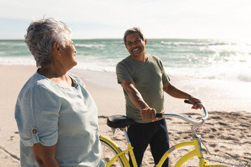 Happy retired multiracial senior couple talking while walking with bicycle at beach on sunny day