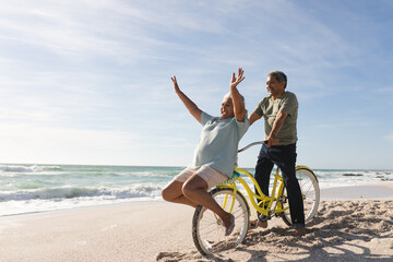 Cheerful senior multiracial couple enjoying retirement with bicycle at beach on sunny day © wavebreak3