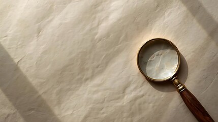 Magnifying glass with wooden handle on a wrinkled paper background, casting a shadow, symbolizing research and discovery