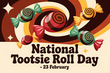 Vibrant National Tootsie Roll Day February 23 colorful candy swirl background with wrapped chocolates festive celebration poster sweet dessert illustration