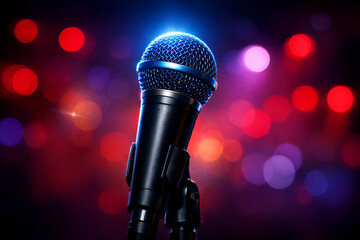 Microphone on Stage with Colorful Lights