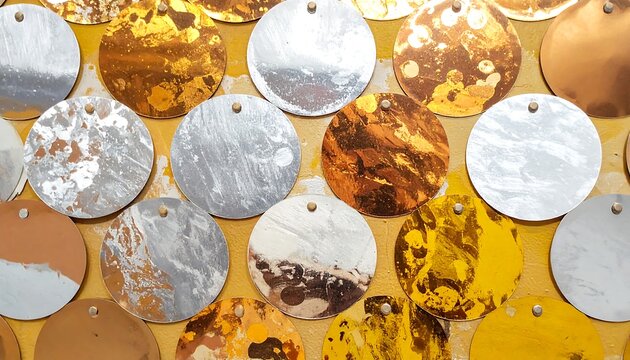 Close-up showcases circular metallic artworks, each displaying varied textures and hues, mounted against a yellow background - Powered by Adobe
