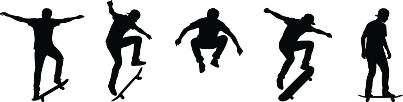 Silhouette of group of teenagers performing skateboard tricks and jumps, active young skaters collection, urban extreme sports flat vector illustration design, kids