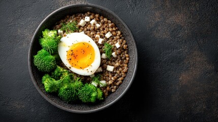 A bowl contains cooked grains along with steamed broccoli diced cheese and a soft boiled egg with a bright yellow yolk. The meal is on a dark background.