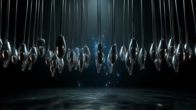 Hanging aluminum wires vibrating from electromagnetic pulses with jumping blue sparks, cinematic 4K.