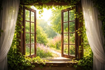 Open wooden garden window with ivy and soft morning sunlight