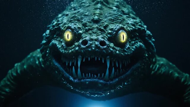 Underwater creature with glowing eyes and sharp teeth in dark water