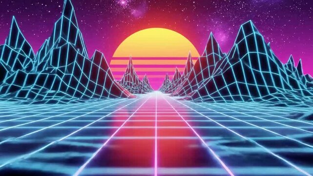 An 80s synth-wave style landscape but with scientific grid lines and mountains.