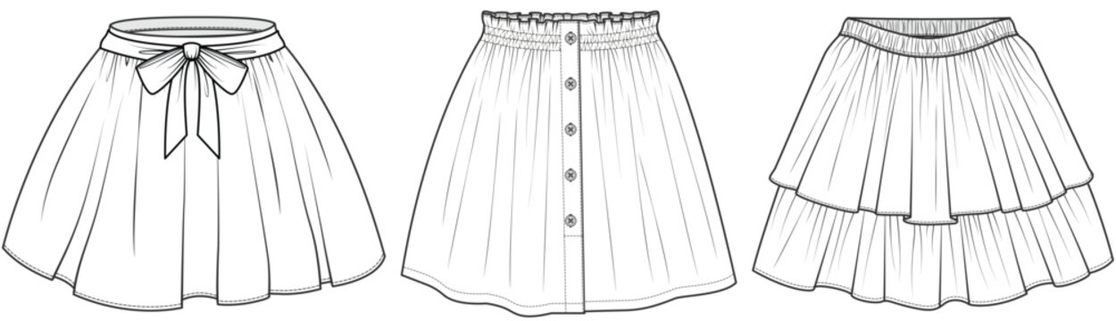 womens high waist casual short skirt flat sketch vector illustration technical cad drawing template