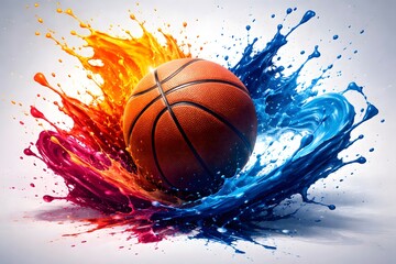 Basketball exploding through colorful paint splash on clean studio background