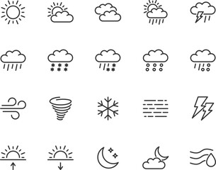Naklejka premium Vector set of weather line icons. Contains icons sunny, cloudy, rain, snow, thunderstorm, wind, hail, tornado and more. Pixel perfect.