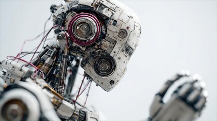 Fototapeta premium Close-up of a sophisticated humanoid robot head showcasing intricate mechanical and electronic