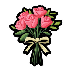 Pink Rose Bouquet Sticker Icon Small Bunch with Yellow Ribbon Bow