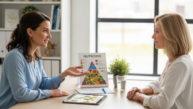 Nutritionist Explaining Healthy Eating to a Female Client in a Bright Office Setting.